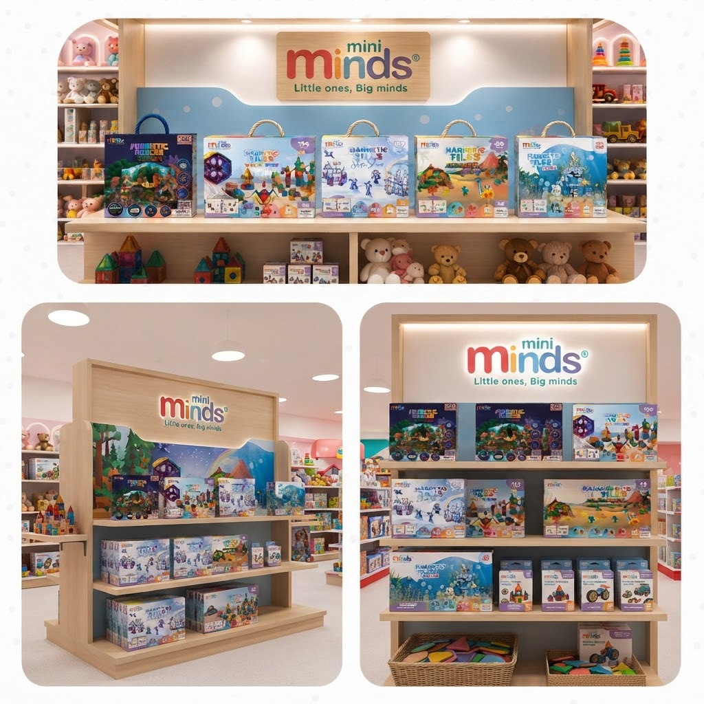 Store shelves with Mini Minds sets