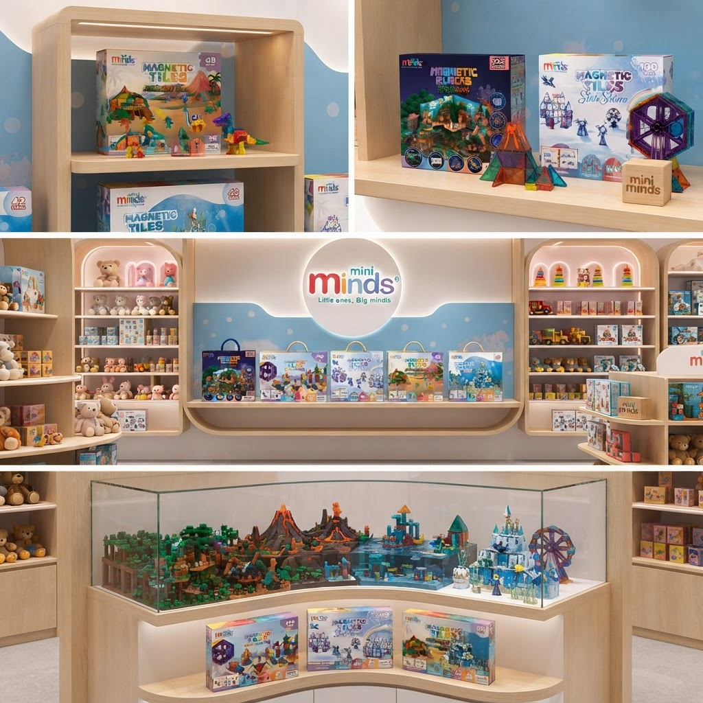 Mini Minds play area with magnetic tiles and plush toys