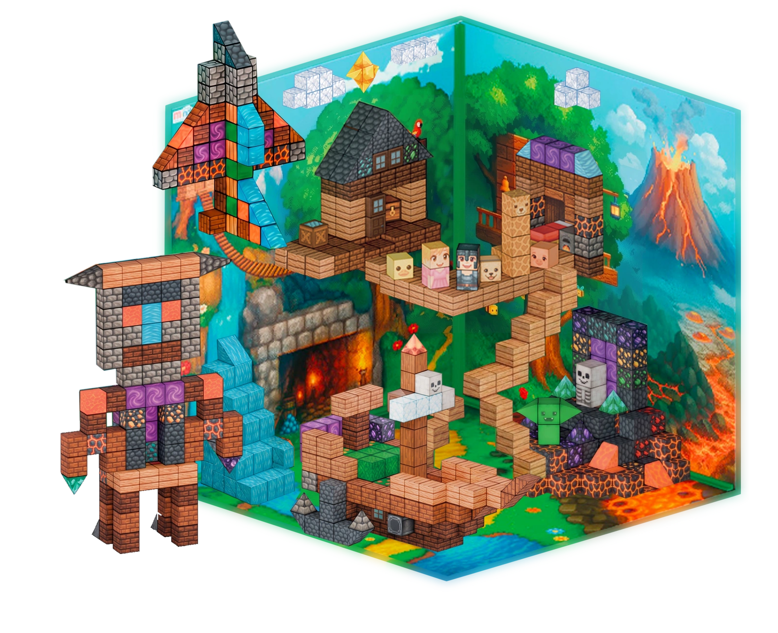 Forest & Lava magnetic constructions built around three printed boards, with a treehouse, airplane, ship, characters and floating cloud blocks.